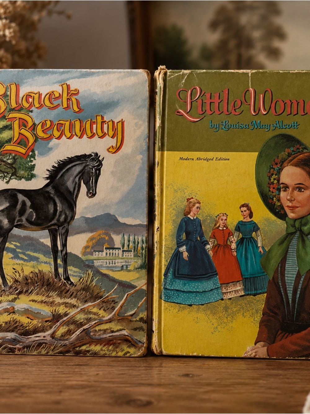 Vintage Black Beauty & Little Women Illustrated Book Pair - Yellow, Green, Blue